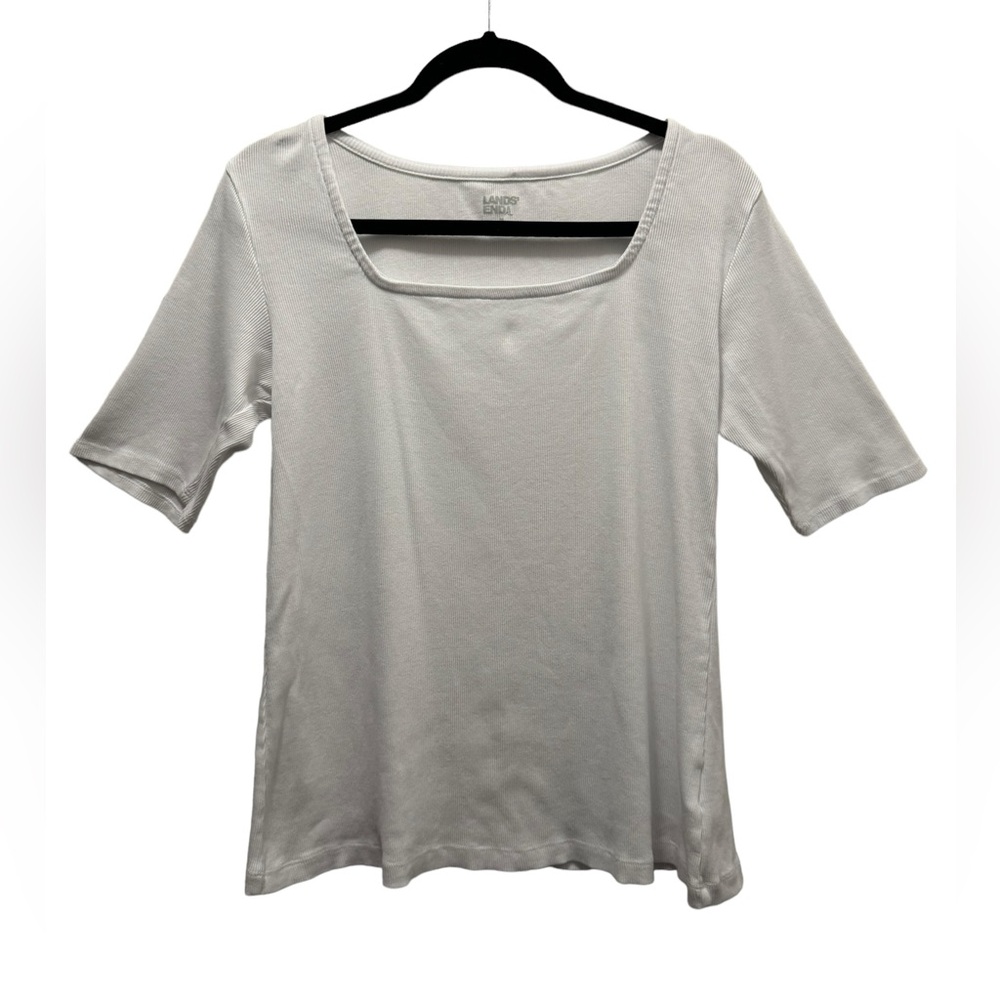 Lands End White Ribbed T-shirt Square Neck Short Sleeve Elbow Length Tee Size M